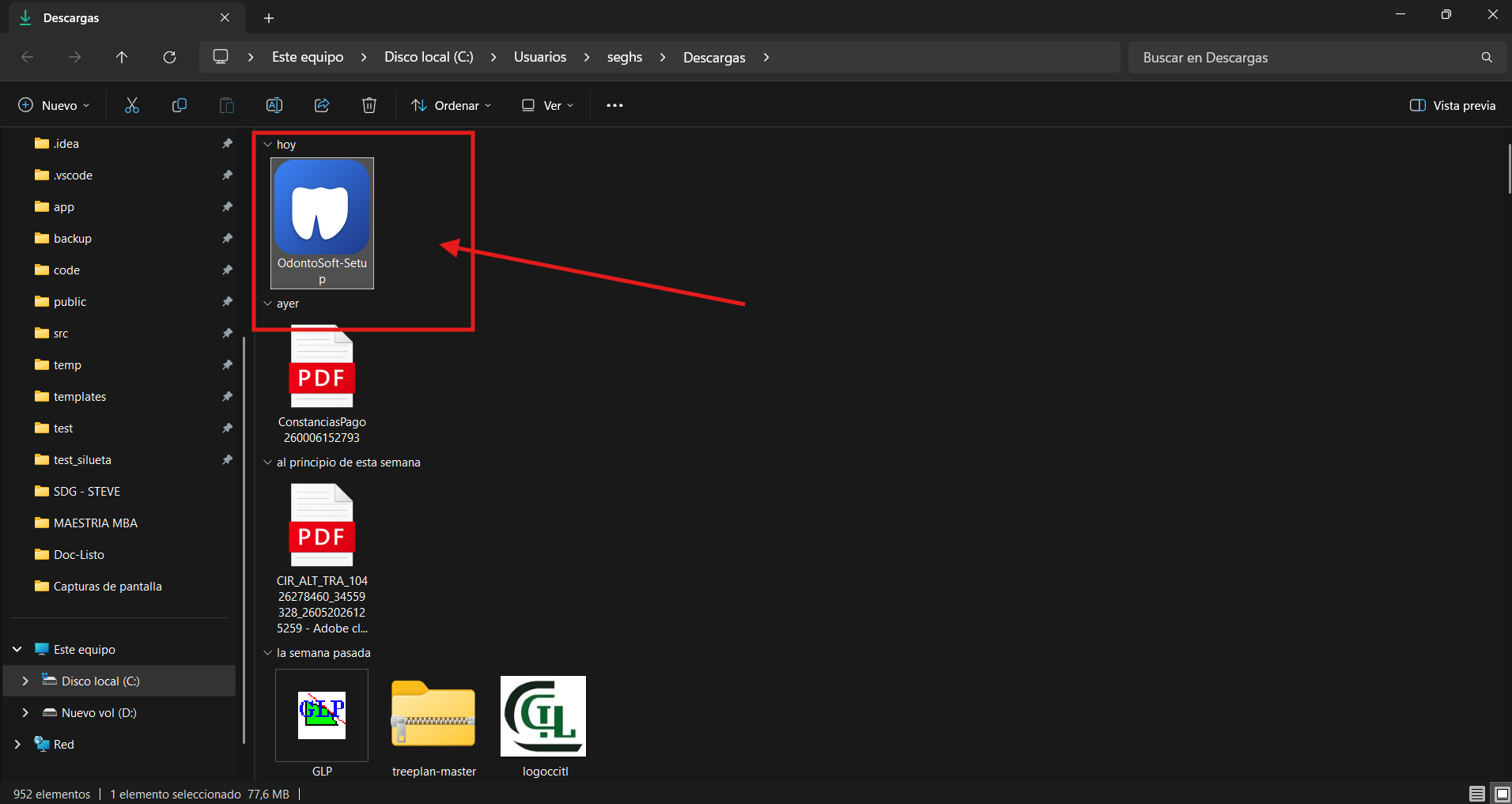 El archivo OdontoSoft-Setup.exe descargado en la carpeta Descargas de Windows