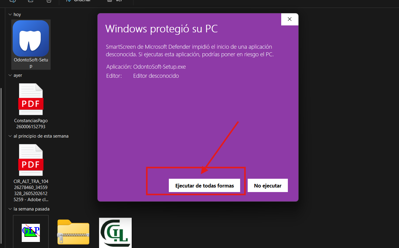 Botón Ejecutar de todas formas en la alerta de Windows SmartScreen