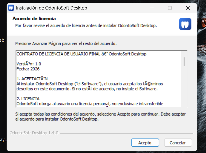 Asistente de instalación de OdontoSoft Desktop mostrando el acuerdo de licencia